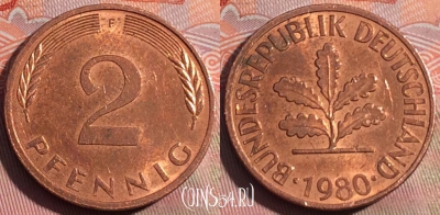 Германия 2 пфеннига 1980 года F, KM# 106a, 253a-015