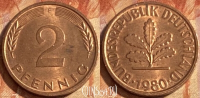 Германия 2 пфеннига 1980 F, KM# 106a, 397r-141