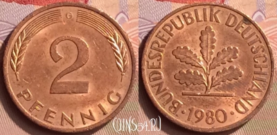 Германия 2 пфеннига 1980 года G, KM# 106a, 442-140