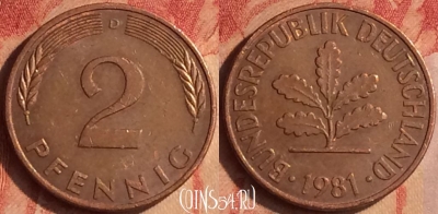 Германия 2 пфеннига 1981 года D, KM# 106a, 437-070