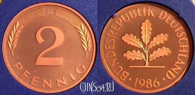 Германия 2 пфеннига 1986 G, KM# 106a, PROOF, 401o-031