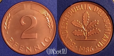 Германия 2 пфеннига 1986 F, KM# 106a, PROOF, 401o-089