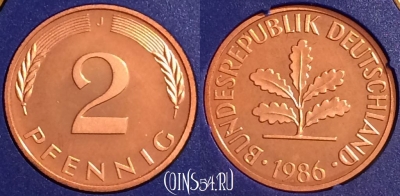 Германия 2 пфеннига 1986 J, KM# 106a, PROOF, 401o-099