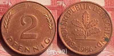 Германия 2 пфеннига 1986 года F, KM# 106a, 167m-132