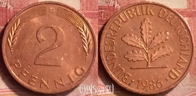 Германия 2 пфеннига 1986 года G, KM# 106a, 203m-029