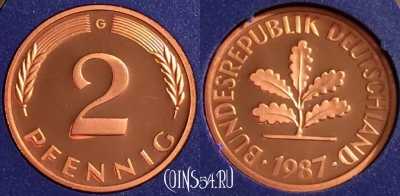 Германия 2 пфеннига 1987 G, KM# 106a, PROOF, 401o-021