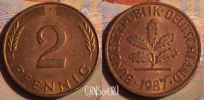 Германия 2 пфеннига 1987 года F, KM# 106a, 252b-132