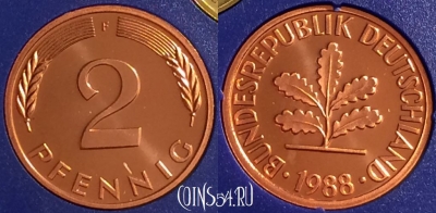 Германия 2 пфеннига 1988 F, KM# 106a, PROOF, 401o-128