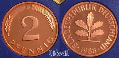 Германия 2 пфеннига 1988 G, KM# 106a, PROOF, 401o-143