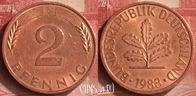 Германия 2 пфеннига 1988 года G, KM# 106a, 190m-111