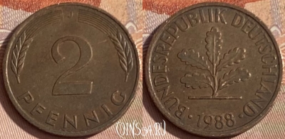 Германия 2 пфеннига 1988 J, KM# 106a, 389p-040