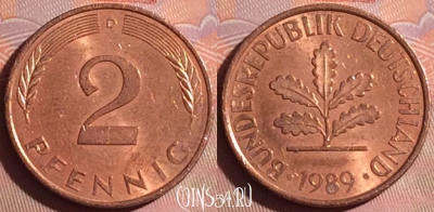 Германия 2 пфеннига 1989 года D, KM# 106a, 043i-057