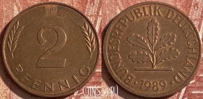 Германия 2 пфеннига 1989 F, KM# 106a, 070q-001