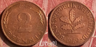 Германия 2 пфеннига 1989 года G, KM# 106a, 183n-085