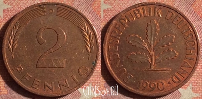 Германия 2 пфеннига 1990 года D, KM# 106a, 176i-020