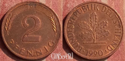 Германия 2 пфеннига 1990 года D, KM# 106a, 426-143