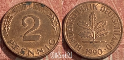 Германия 2 пфеннига 1990 F, KM# 106a, 237q-023