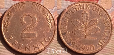 Германия 2 пфеннига 1990 F, KM# 106a, 447-048