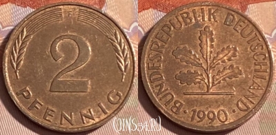 Германия 2 пфеннига 1990 F, KM# 106a, 479р-028
