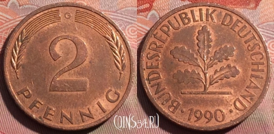 Германия 2 пфеннига 1990 года G, KM# 106a, 252a-039