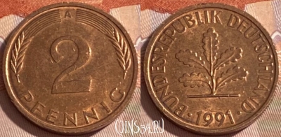 Германия 2 пфеннига 1991 A, KM# 106a, 384r-132