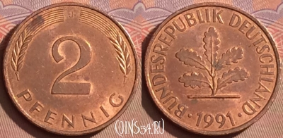 Германия 2 пфеннига 1991 года J, KM# 106a, 105l-087