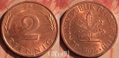Германия 2 пфеннига 1994 года A, KM# 106a, 437-095