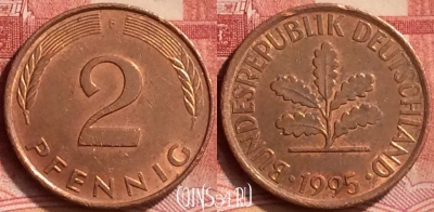 Германия 2 пфеннига 1995 года F, KM# 106a, 070m-072