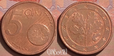 Германия 5 евроцентов 2002 года A, KM# 209, 127l-104
