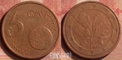 Германия 5 евроцентов 2002 года D, KM# 209, 138m-086