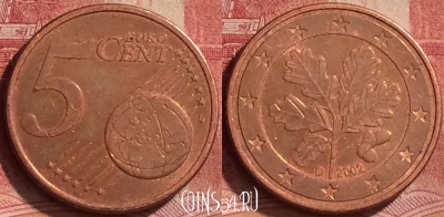 Германия 5 евроцентов 2002 года D, KM# 209, 258l-062