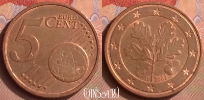 Германия 5 евроцентов 2002 года D, KM# 209, 411-141