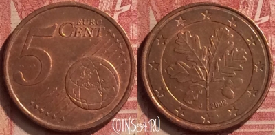 Германия 5 евроцентов 2002 года J, KM# 209, 055n-014