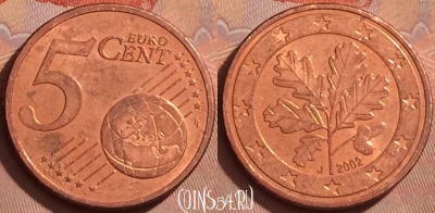 Германия 5 евроцентов 2002 года J, KM# 209, 371k-060