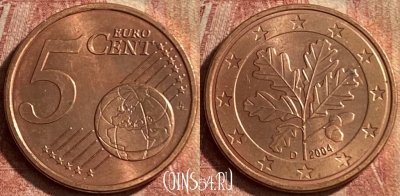 Германия 5 евроцентов 2004 года D, KM# 209, 119p-116