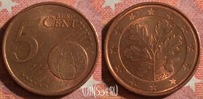 Германия 5 евроцентов 2005 года J, KM# 209, 353-050