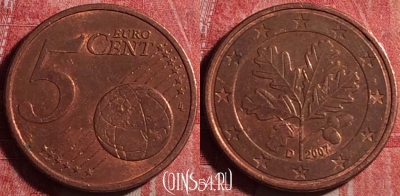 Германия 5 евроцентов 2007 года D, KM# 209, 191j-076