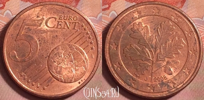 Германия 5 евроцентов 2008 года J, KM# 209, 206k-036