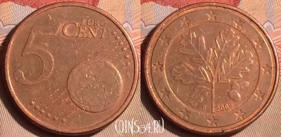 Германия 5 евроцентов 2009 года F, KM# 209, 446-144