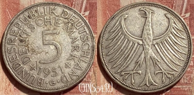 Германия 5 марок 1951 G, Ag, KM# 112, 425b-124 ♛