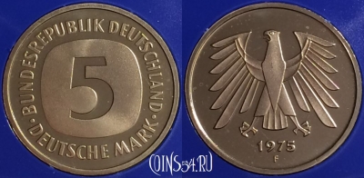 Германия 5 марок 1975 года F, KM# 140.1, PROOF, 401o-058