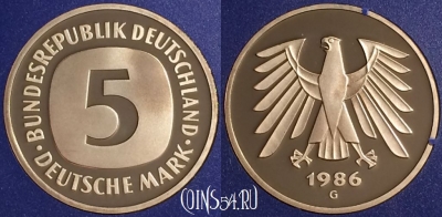 Германия 5 марок 1986 года G, KM# 140.1, PROOF, 401o-039