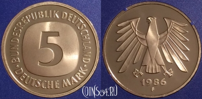 Германия 5 марок 1986 года F, KM# 140.1, PROOF, 401o-097