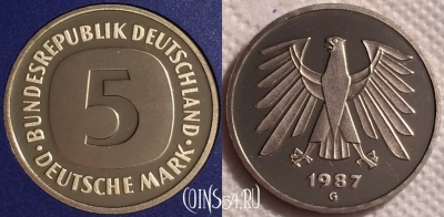 Германия 5 марок 1987 года G, KM# 140.1, PROOF, 401o-029