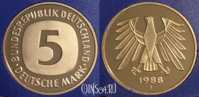 Германия 5 марок 1988 года J, KM# 140.1, PROOF, 401o-126