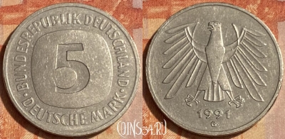 Германия 5 марок 1991 G, KM# 140.1, 462q-260 ♛