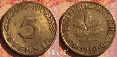Германия 5 пфеннигов 1950 года D, KM# 107, 128o-034