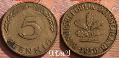 Германия 5 пфеннигов 1950 года D, KM# 107, 150o-060