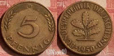 Германия 5 пфеннигов 1950 года D, KM# 107, 272l-144