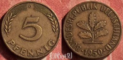 Германия 5 пфеннигов 1950 года D, KM# 107, 379n-094
